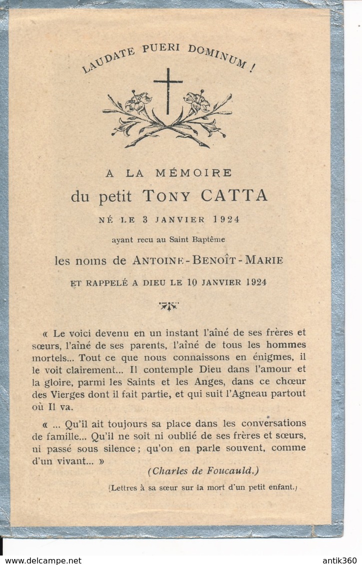 Faire-part Memento Mori Enfant Tony CATTA Mort à 1 Semaine En 1924 - Images Religieuses