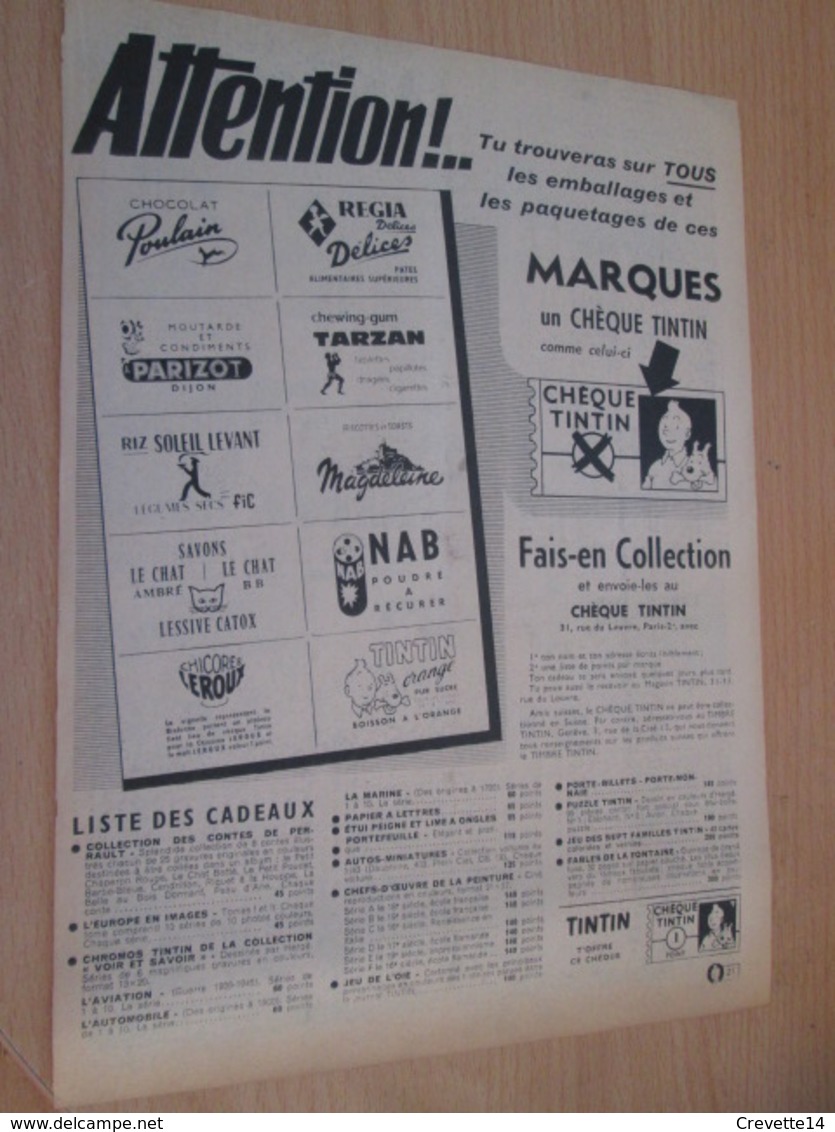 PRODUITS CHEQUE TINTIN  -  Pour  Collectionneurs ... PUBLICITE  Page De Revue Des Années 60/70 - Tintin