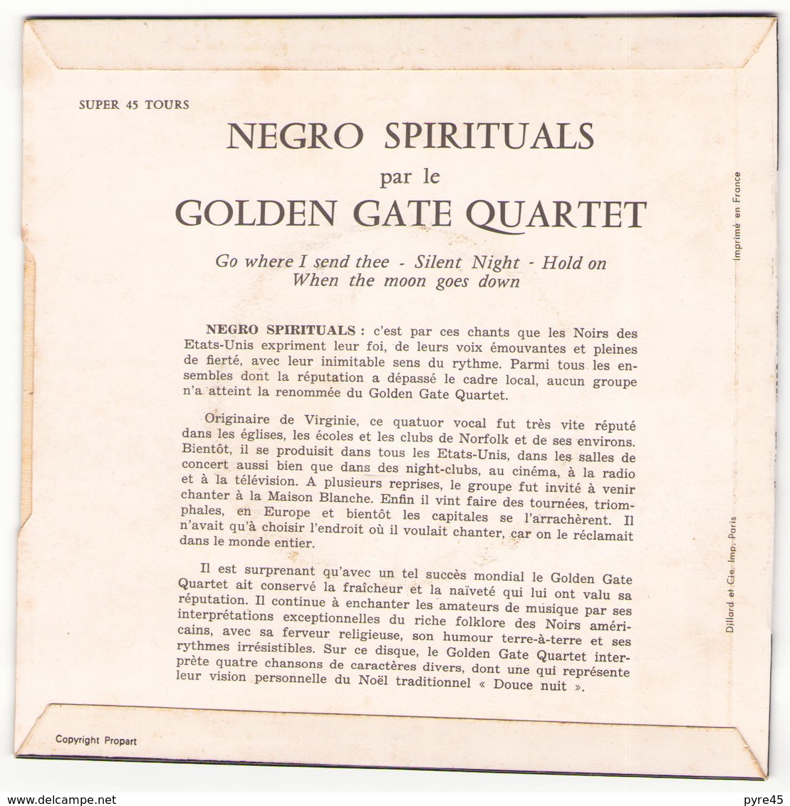 45 TOURS GOLDEN GATE QUARTET CONCERT HALL V 527 NEGRO SPRITUAL - Religion & Gospel