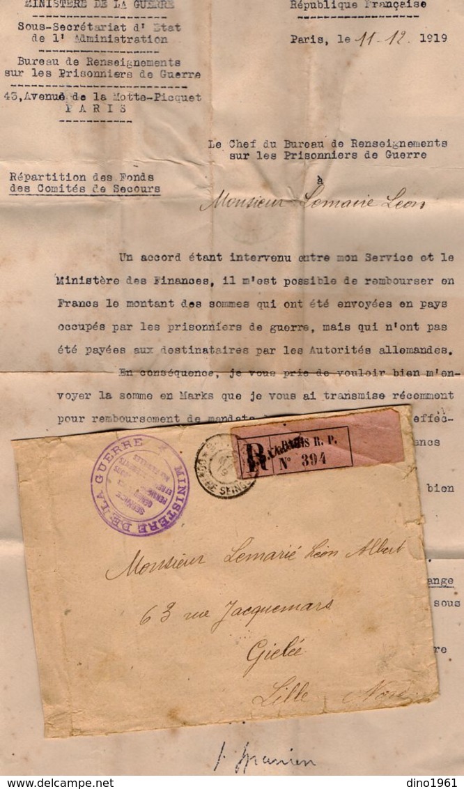 VP13.180 - PARIS X LILLE 1919 - Lettre En Franchise Militaire Du Bureau De Renseignements Sur Les Prisonniers De Guerre - Documentos