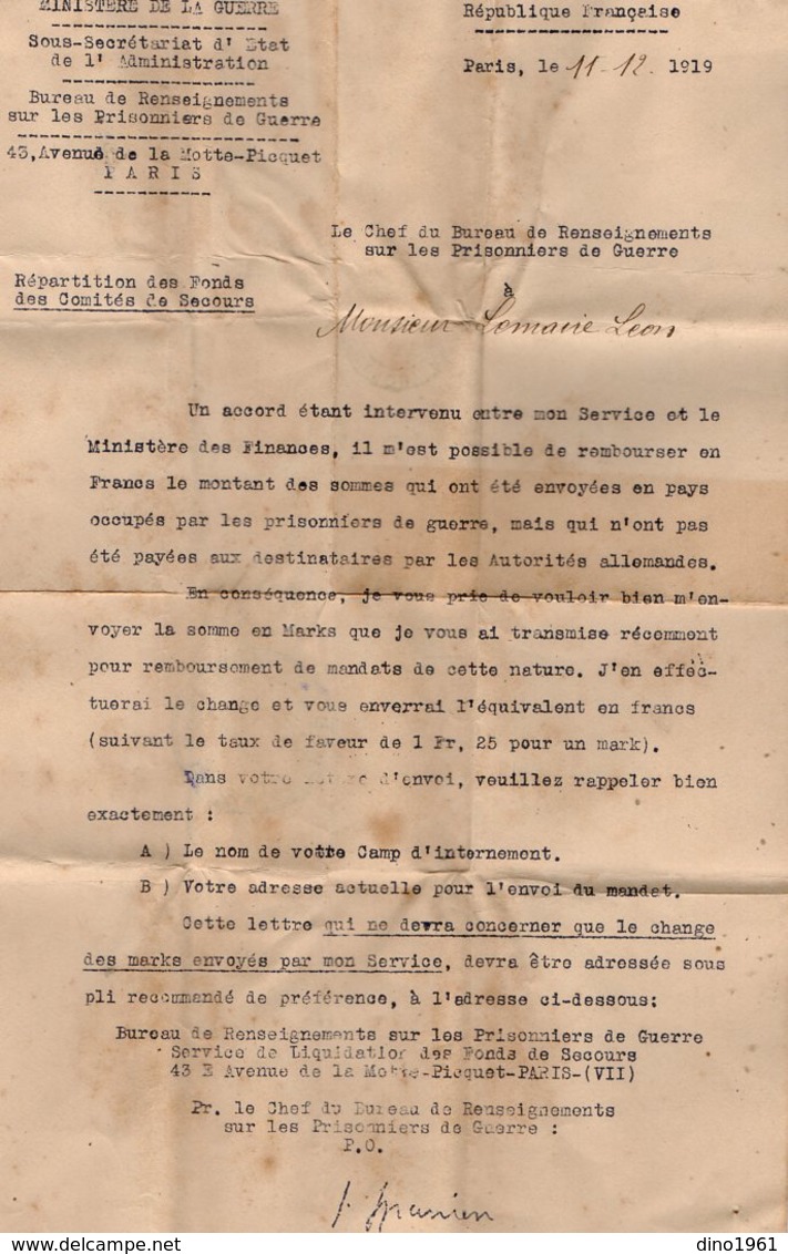 VP13.180 - PARIS X LILLE 1919 - Lettre En Franchise Militaire Du Bureau De Renseignements Sur Les Prisonniers De Guerre - Documentos