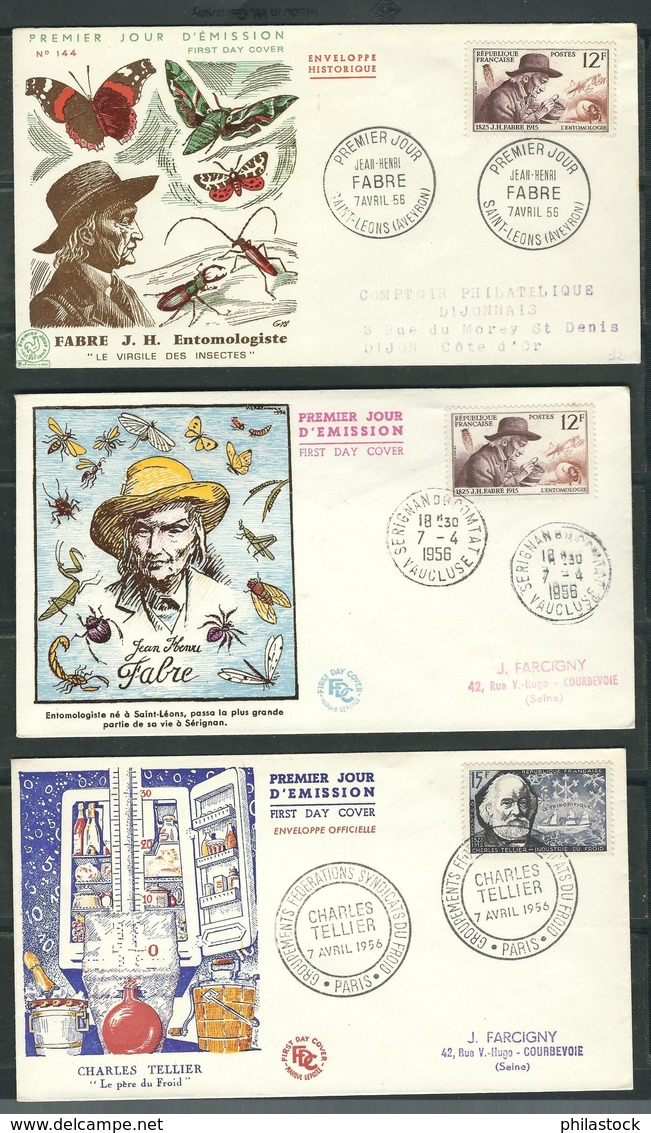 FRANCE 1956 N° 1055 à 1058 Sur 6 Enveloppes FDC Cachet PJ & GF - 1950-1959