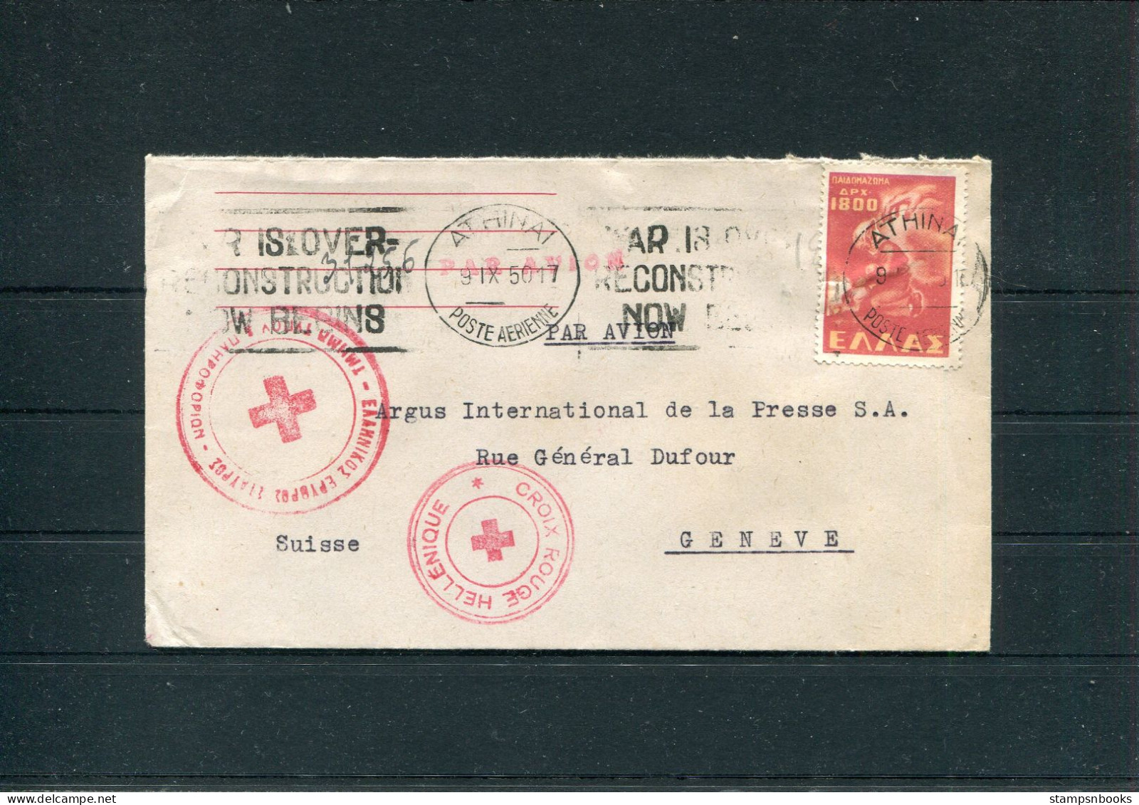 1950 Greece American Red Cross / Croix Rouge Hellenique Athens Cover - Argus Press Agency, Geneva Swizerland. - Covers & Documents