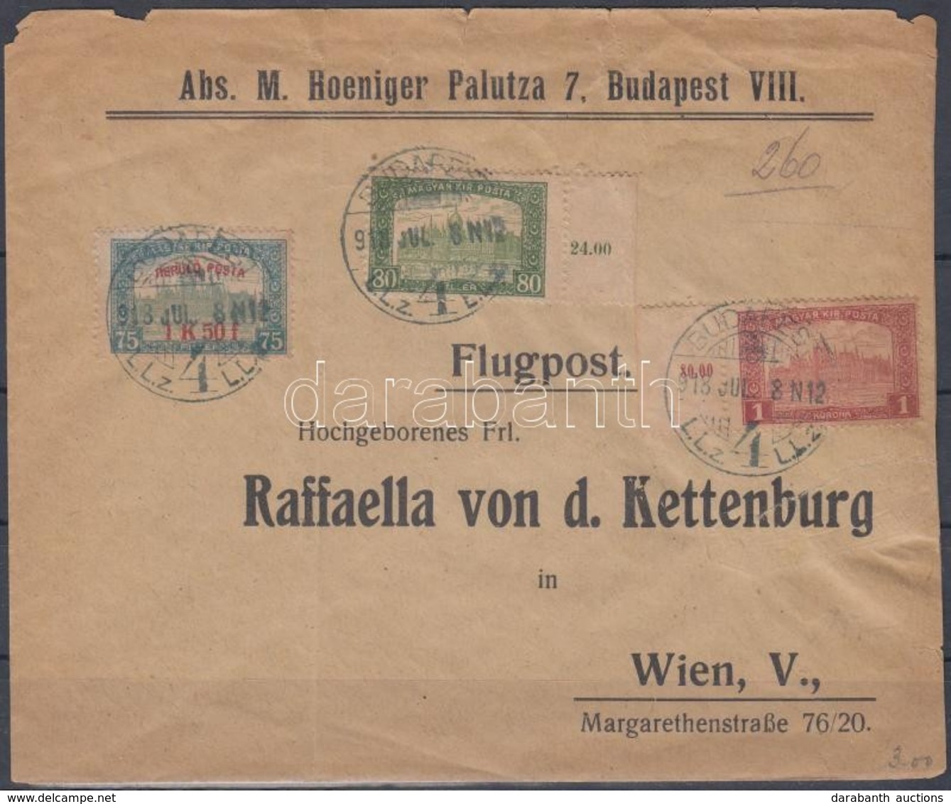 1918. Jul. 9. Légi Levél Bécsbe 1K50f Repülő Posta Bélyeggel és 1.80K Kiegészítő Bérmentesítéssel / Airmail Cover To Vie - Sonstige & Ohne Zuordnung