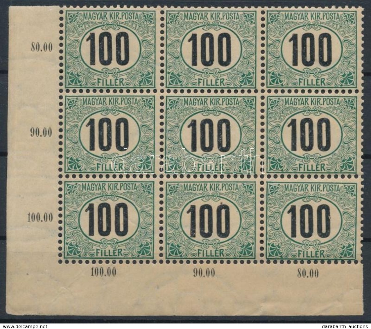 ** 1903 Zöldportó 100f ívsarki Kilences Tömb Benne Csillag és Számvízjel - Altri & Non Classificati