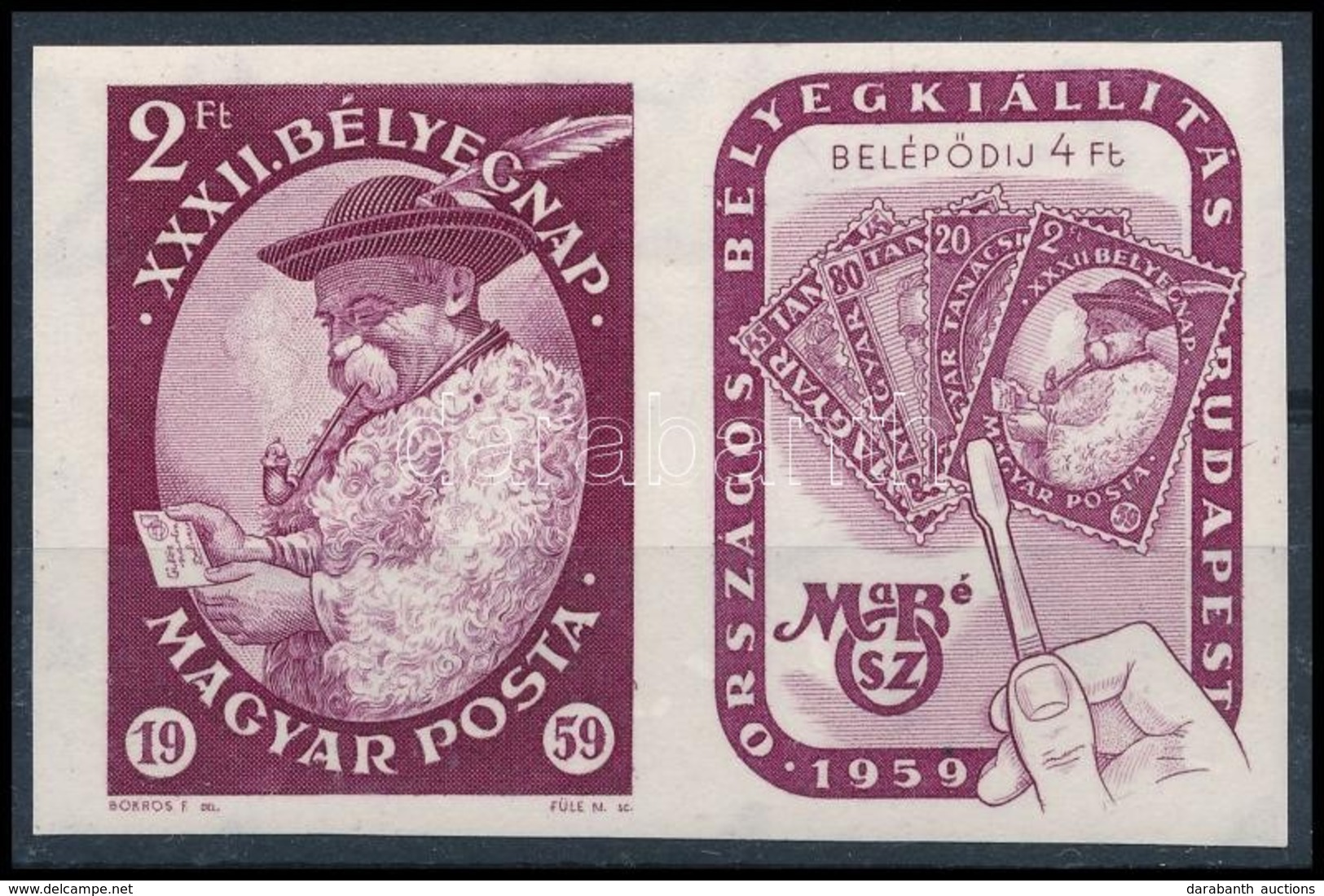 ** 1959 Bélyegnap (32.) Vágott Bélyeg Jobb Oldali Szelvénnyel (4.000) - Other & Unclassified