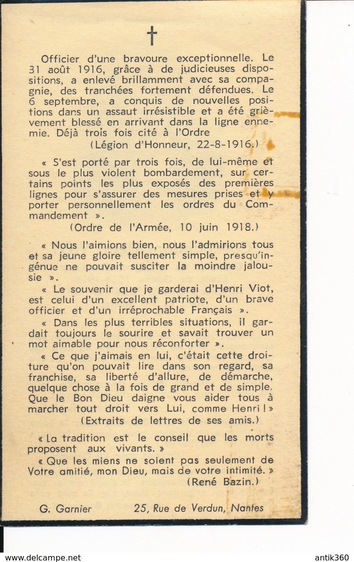 Faire-part De Décès Memento Mori Commandant Henri VIOT De Nantes Légion D'Honneur Croix De Guerre 14-18 - Andachtsbilder