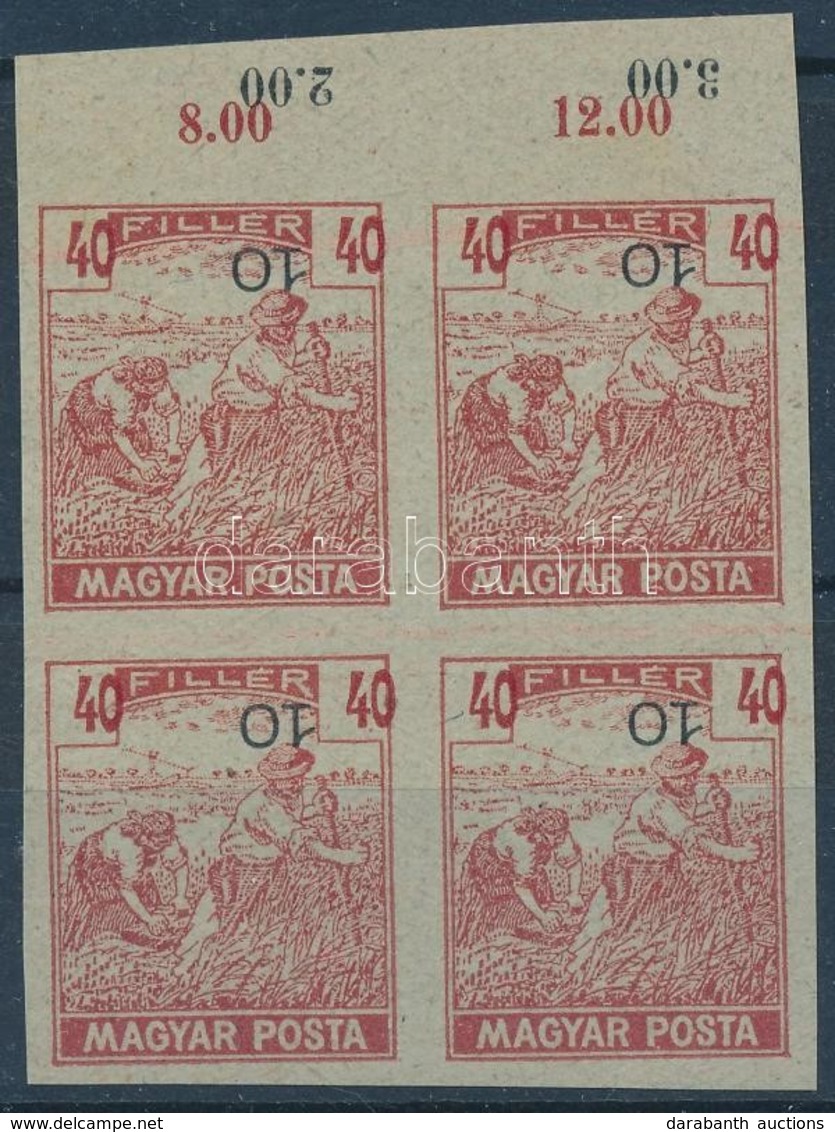 (*) 1919 Magyar Posta Arató 40f Vágott ívszéli Négyestömb Próbanyomat, Eltolódott értékszámmal, Vastagabb, Vízjel és Eny - Altri & Non Classificati