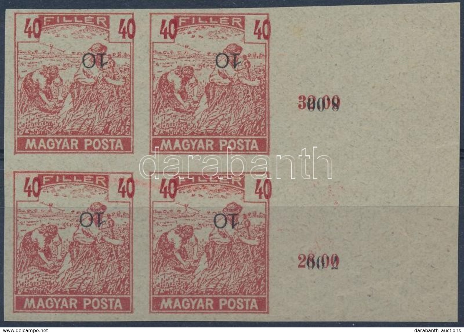 (*) 1919 Magyar Posta Arató 40f Vágott ívszéli Négyestömb Próbanyomat, Eltolódott értékszámmal, Vastagabb, Vízjel és Eny - Altri & Non Classificati