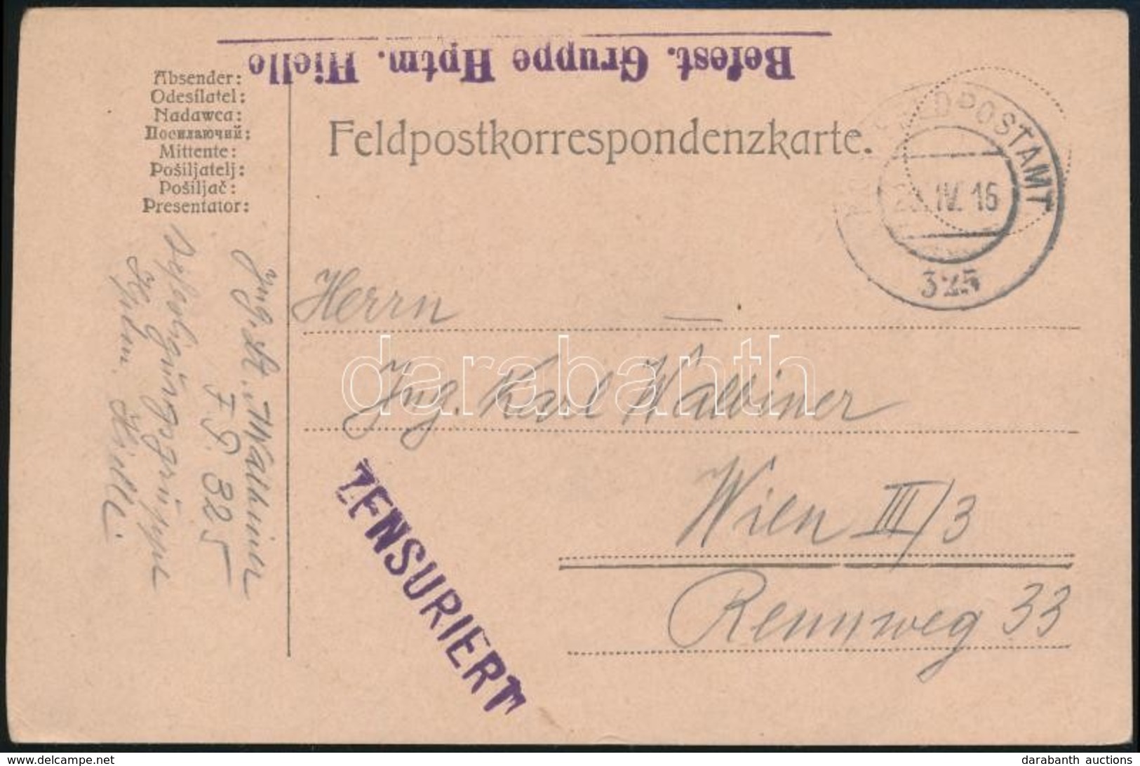 1916 Tábori Posta Levelezőlap / Field Postcard 'Befest. Gruppe Hptm. Hielle' + 'FP 325' - Autres & Non Classés