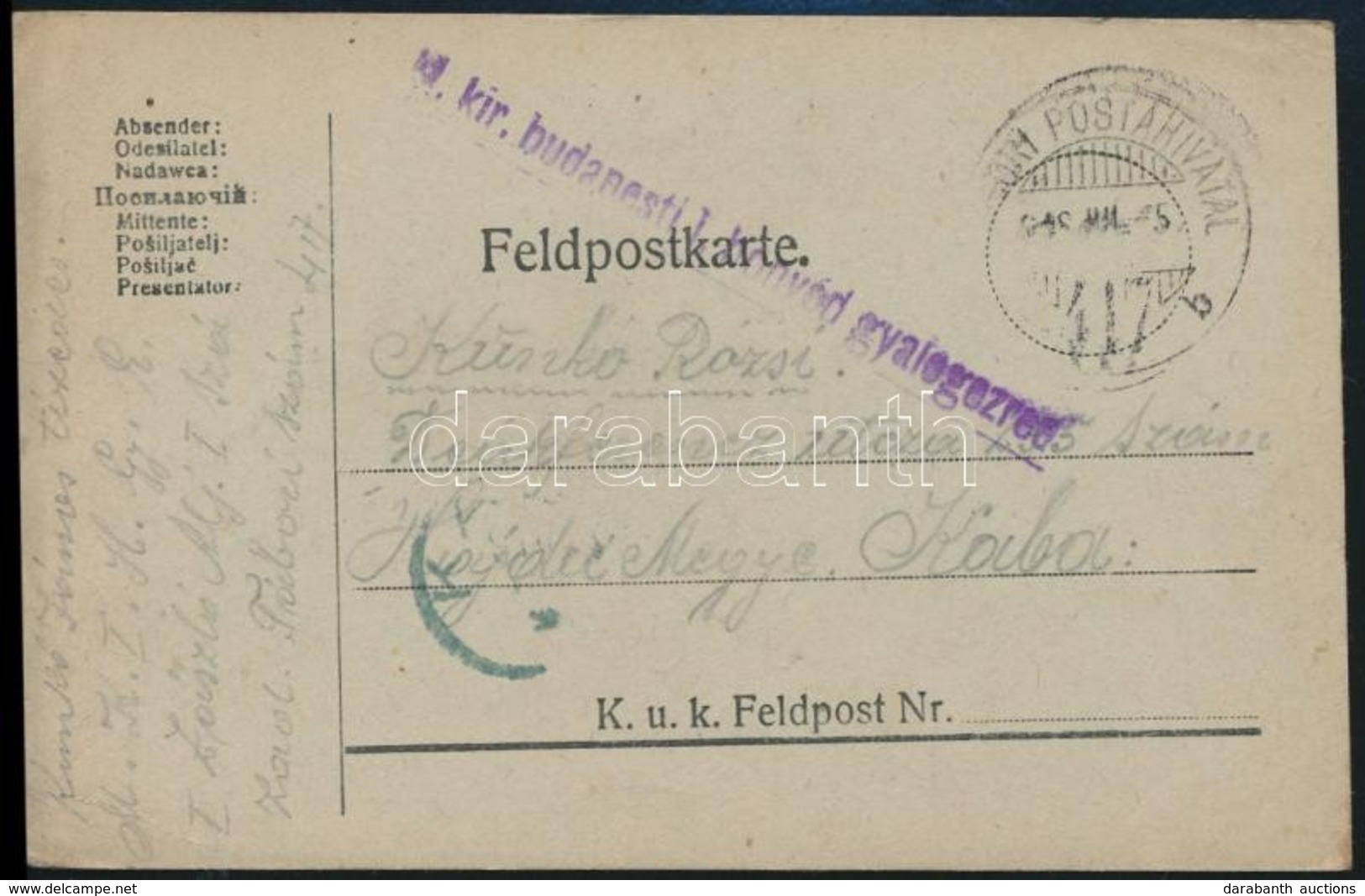 1918 Tábori Posta Levelezőlap 'M.kir. Budapesti 1. Honvéd Gyalogezred' + 'TP 417 B' - Autres & Non Classés
