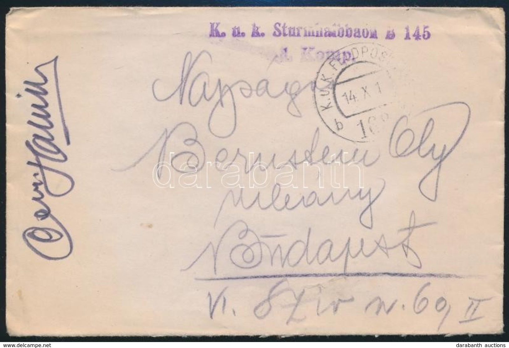 1918 Tábori Posta Levél / Field Post Cover 'K.u.k. Sturmhalbbaon B. 145 1. Komp.' + 'FP 168 B' - Autres & Non Classés