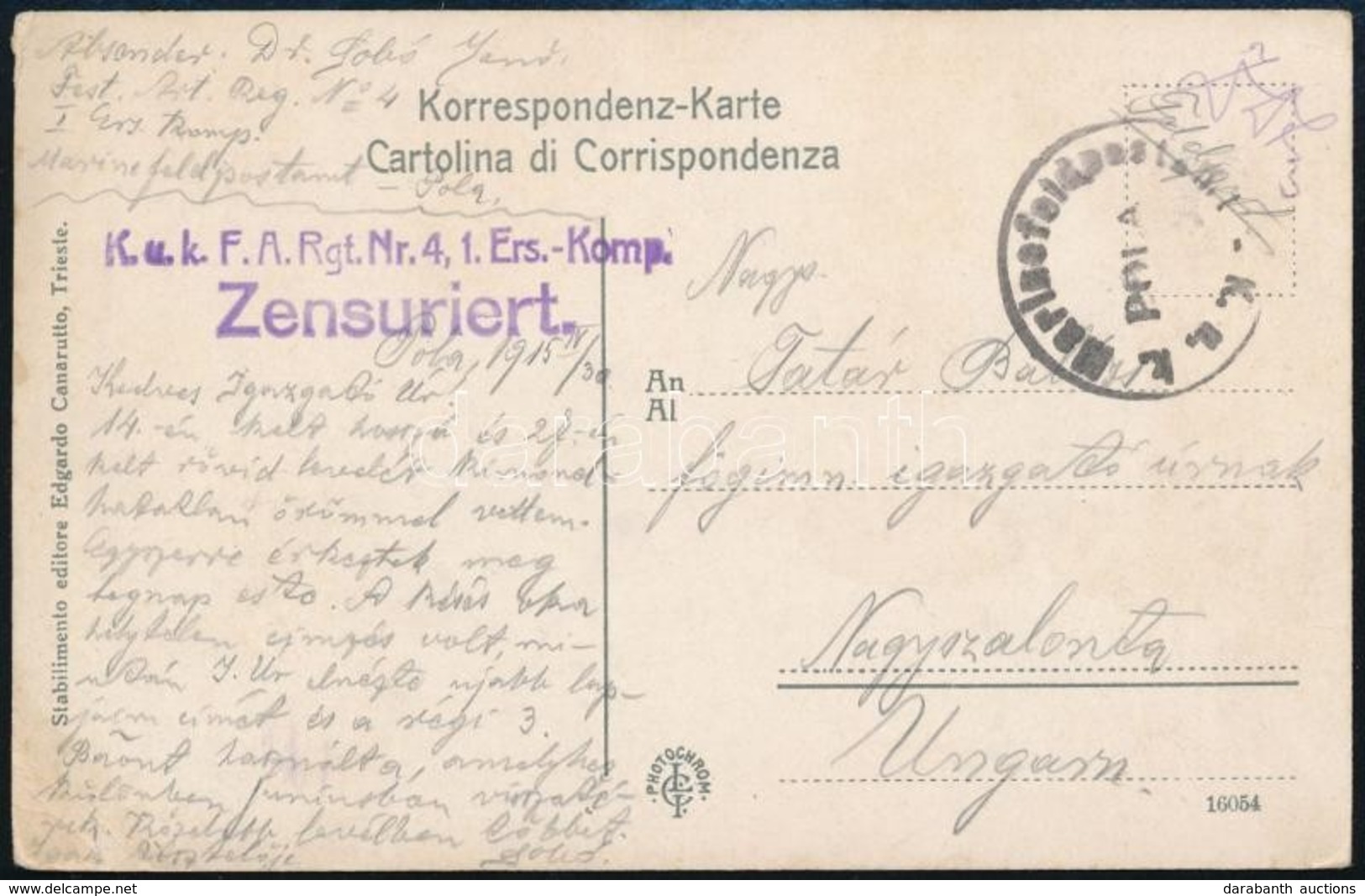 1915 Trieszti Képeslap 'MFP POLA' Gumibélyegzővel + Cenzúrabélyegzővel Nagyszalontásra - Autres & Non Classés