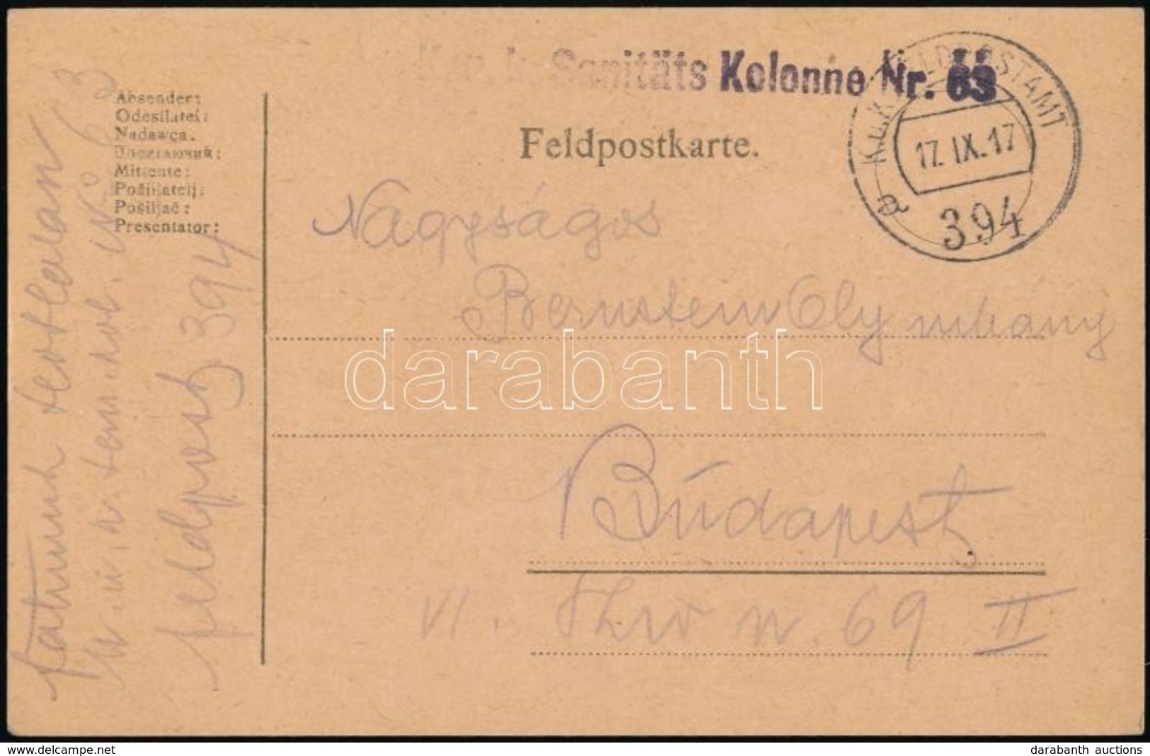 1917 Tábori Posta Levelezőlap 'K.u.k. Sanitäts Kolonne Nr. 63.' + 'FP 394 A' - Autres & Non Classés