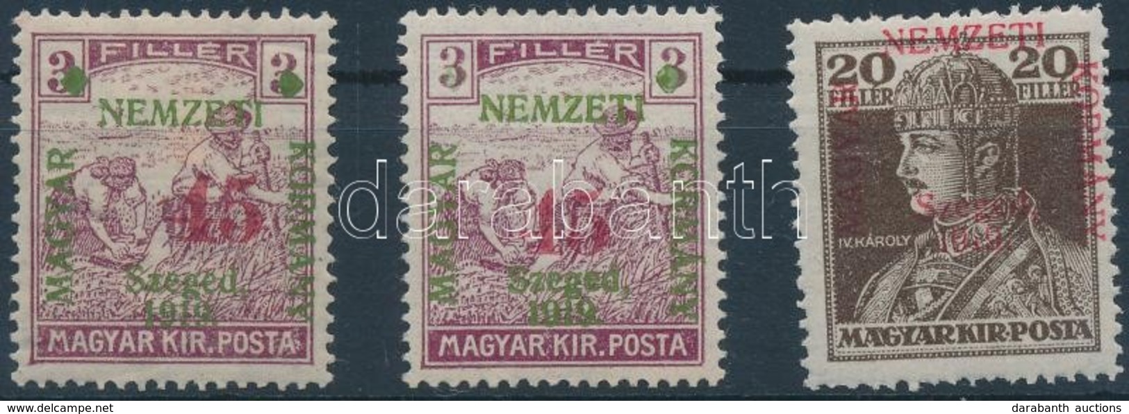 * Szeged 1919 Arató 2x45f/3f Zárt 4-es + Károly 20f, Bodor Vizsgálójellel - Autres & Non Classés