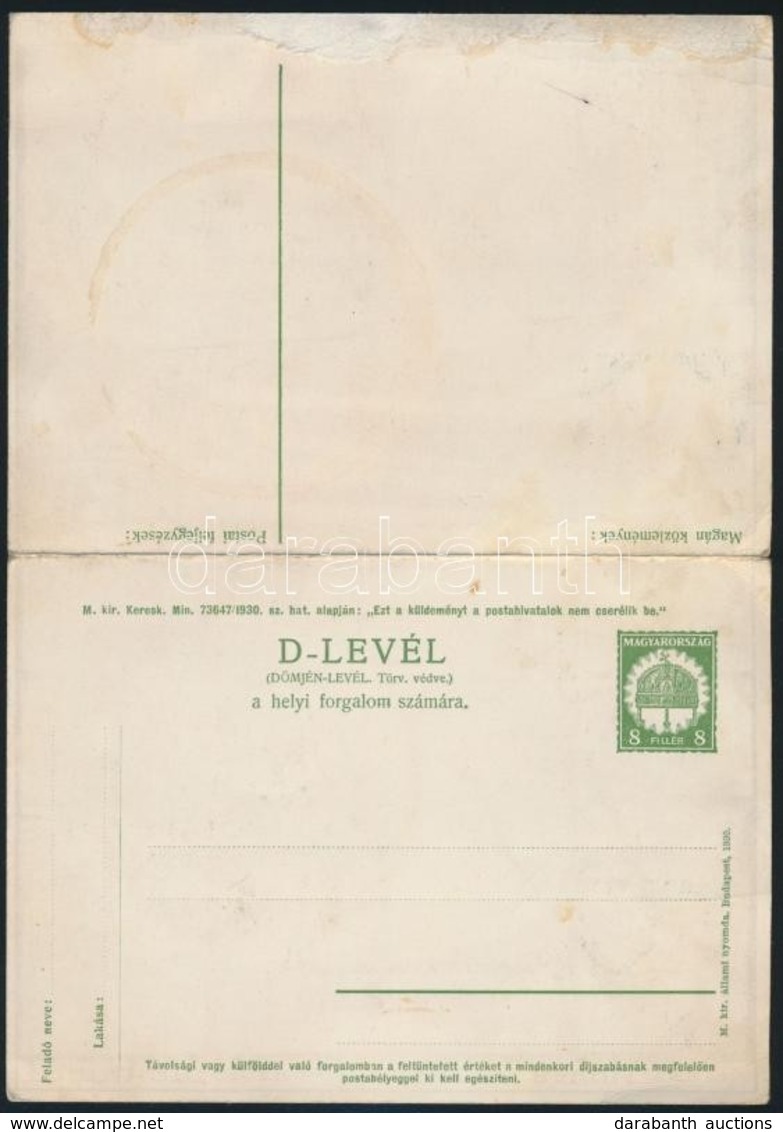 1930 Teljes 8f Díjjegyes D-Levél, Használatlan, Hátoldalán Reklámokkal - Altri & Non Classificati