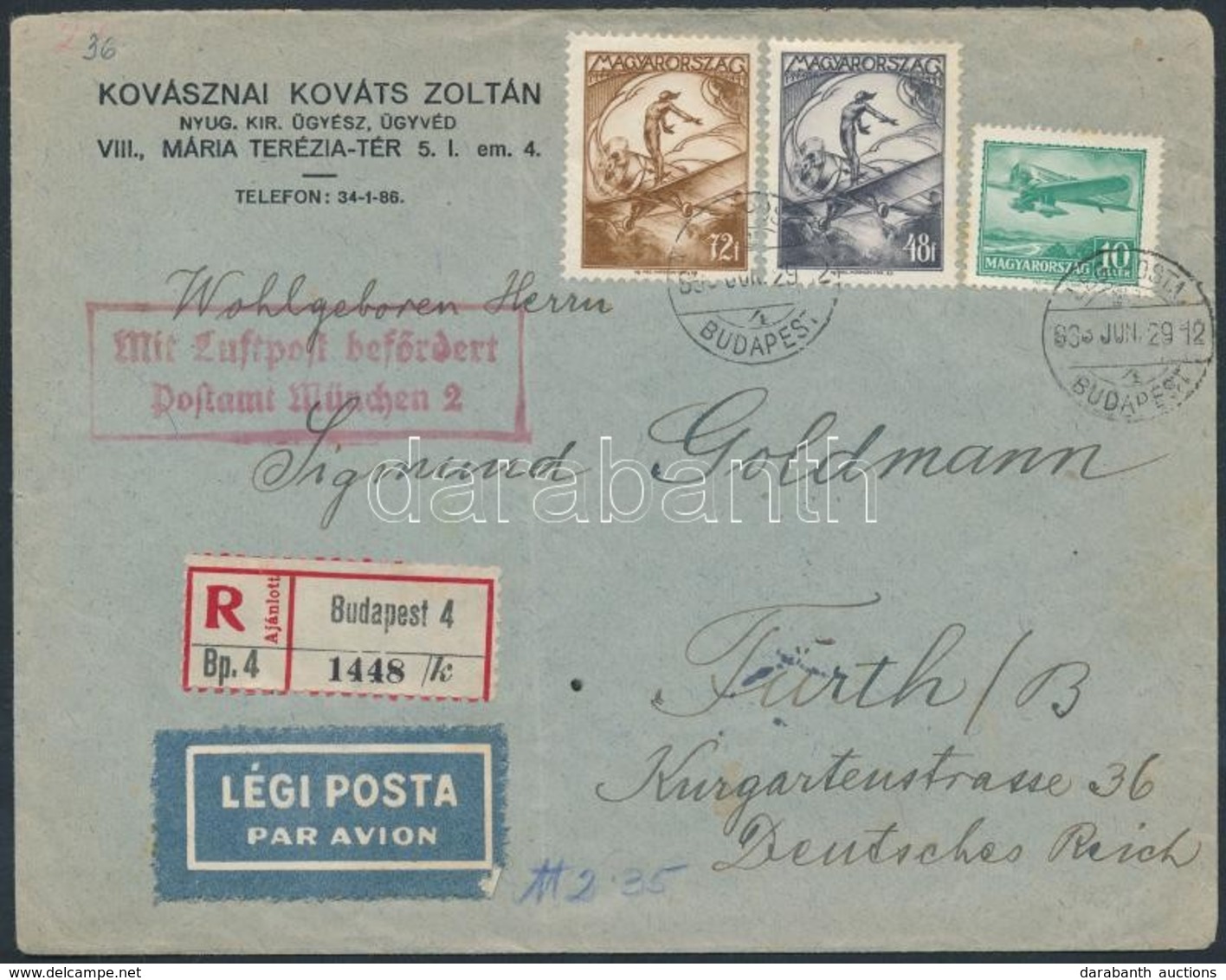 1933 Ajánlott Légi Levél Németországba / Registered Airmail Cover To Germany - Altri & Non Classificati
