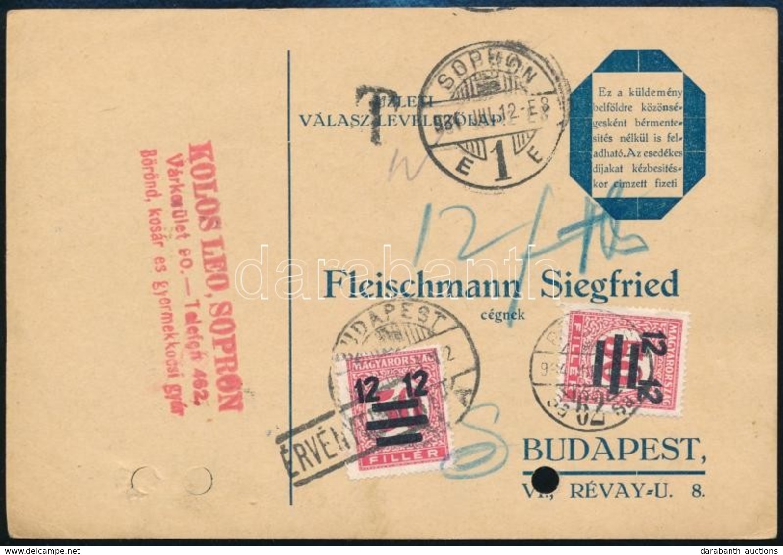 1934 Levelezőlap 2 X 12/50f Portóval, Az Egyik érvénytelenítve, Sopronból Budapestre, Kisegítő Portózva / Postcard With  - Altri & Non Classificati