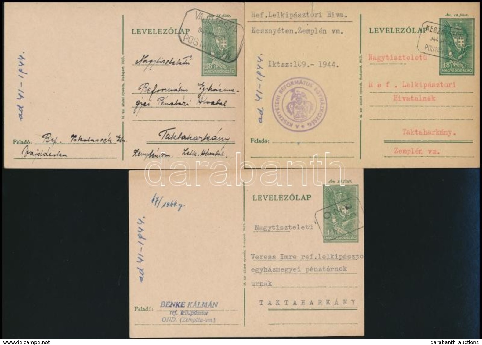 1944 3 Db Díjjegyes Alaptarifás Távolsági Levelezőlap, 3 Klf Postaügynökségi Bélyegzővel - Altri & Non Classificati