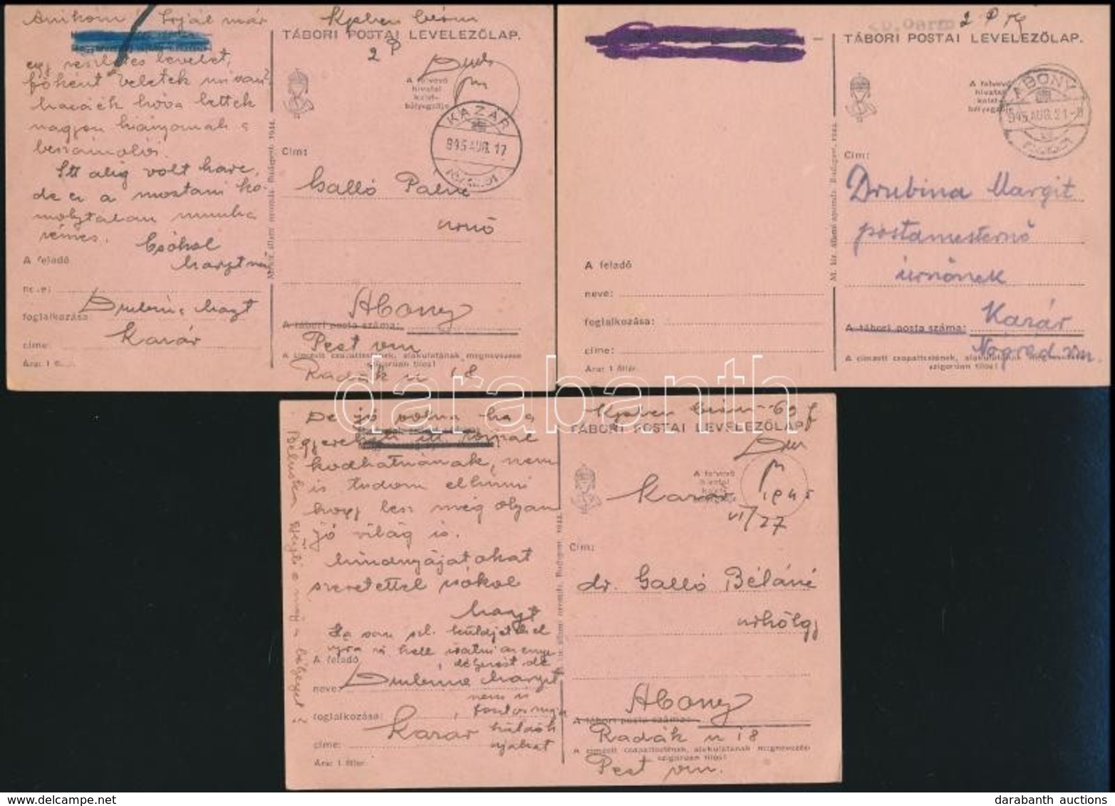 1945 3 Db Utólagos Felhasználású Tábori Levelezőlap Készpénzzel Bérmentesítve - Altri & Non Classificati