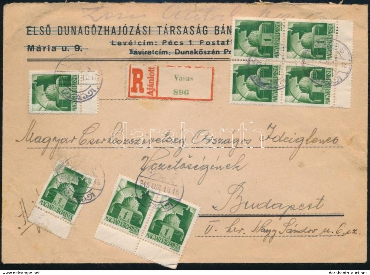 1945.VIII.10. (2. Díjszabás)  Ajánlott Levél 8 X 1P Hadvezérek Bélyeggel Kettős Fogazással 'VASAS' - 'BUDAPEST' - Autres & Non Classés