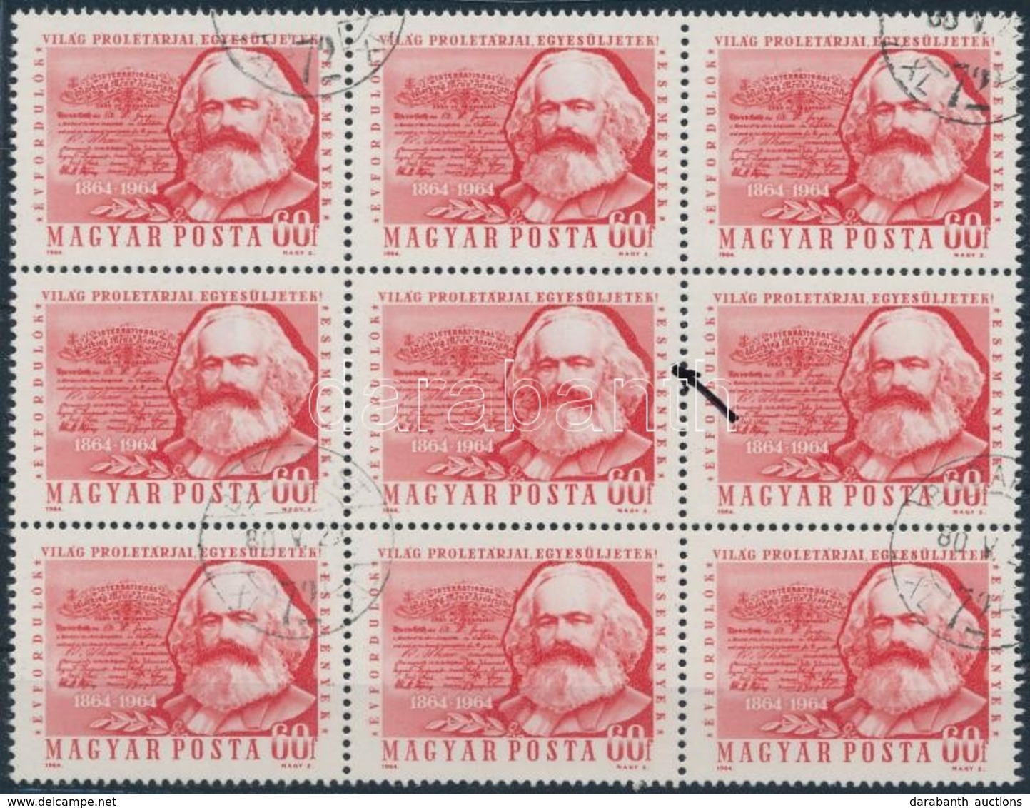 O 1964 Évfordulók Marx ,,ESFMÉNYEK' Felirattal Kilences Tömb Közepén (5.000) - Altri & Non Classificati