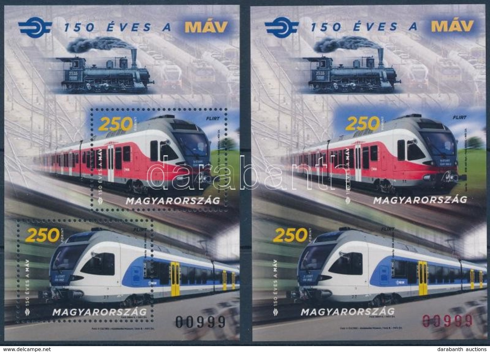 ** 2018 150 éves A MÁV Fogazott és Vágott Blokk Azonos Sorszámmal / Hungarian State Railways Perforated + Imperforate Bl - Autres & Non Classés