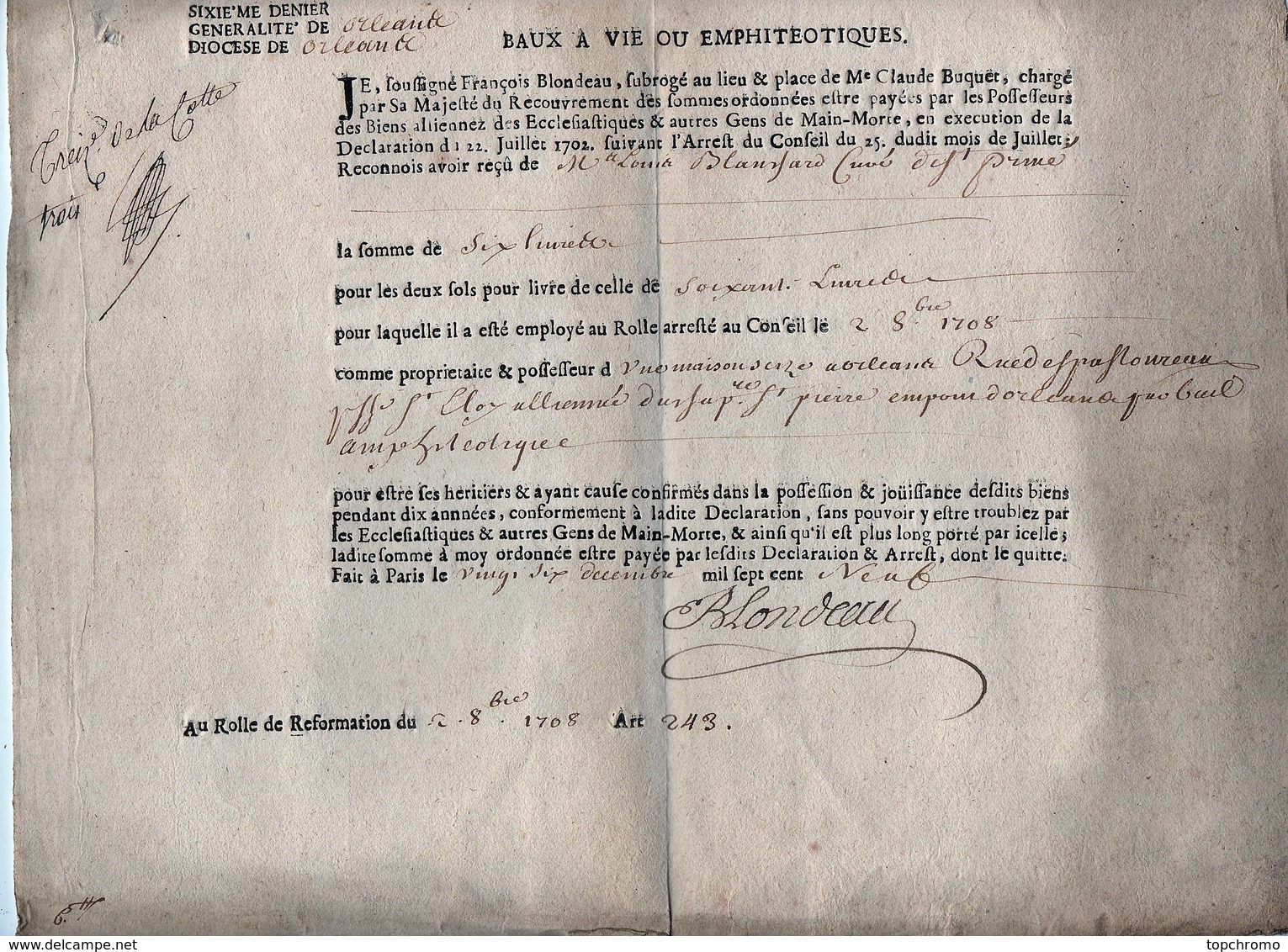 Sixième Denier Généralité D'Orléans Diocèse Baux à Vie Ou Emphitéotiques Au Rolle 1709 - Documents Historiques