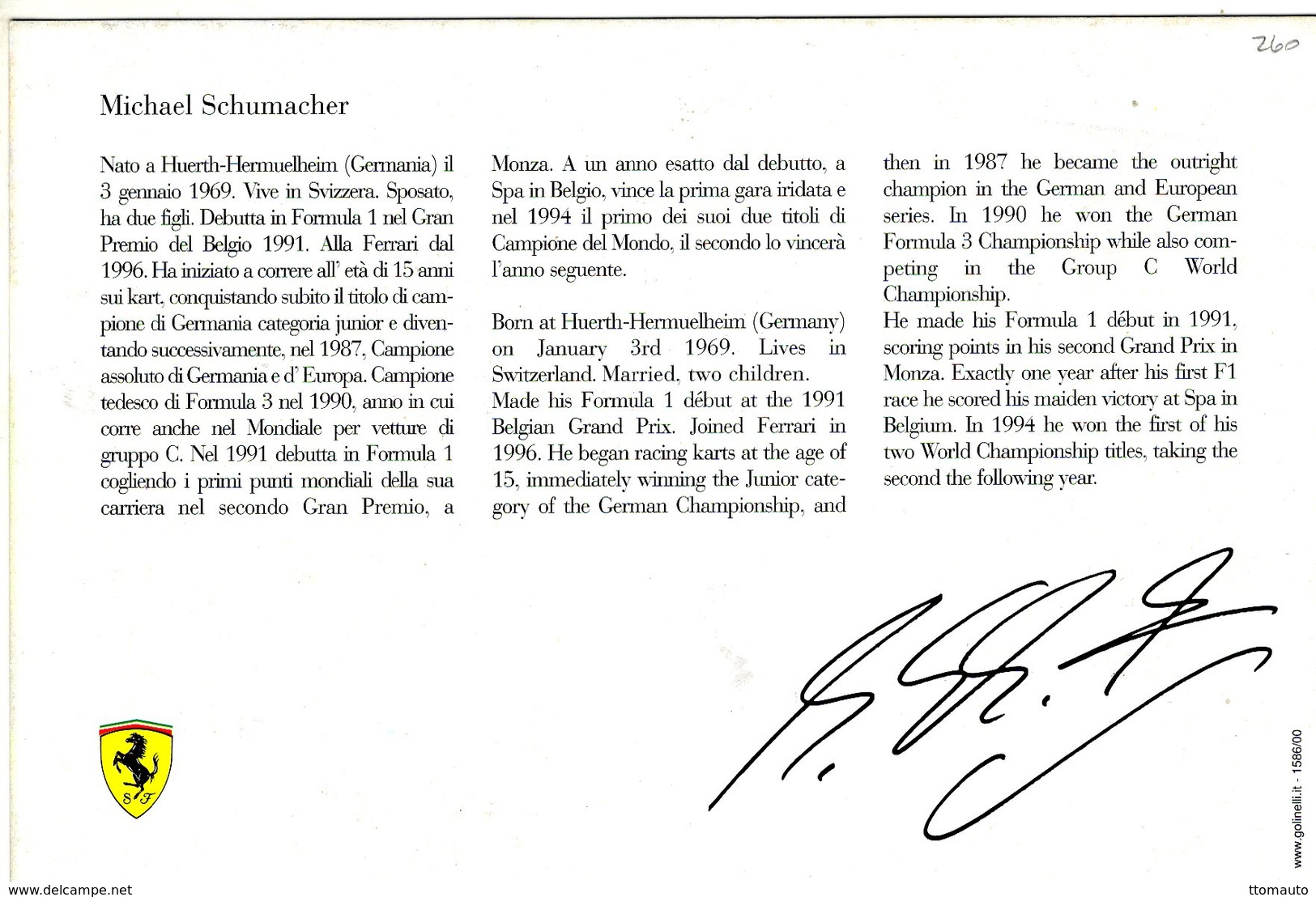 Michael Schumacher  -  Pilote Ferrari Grand Prix  -   Official Ferrari Promo Carte -  CP (signée) - Grand Prix / F1