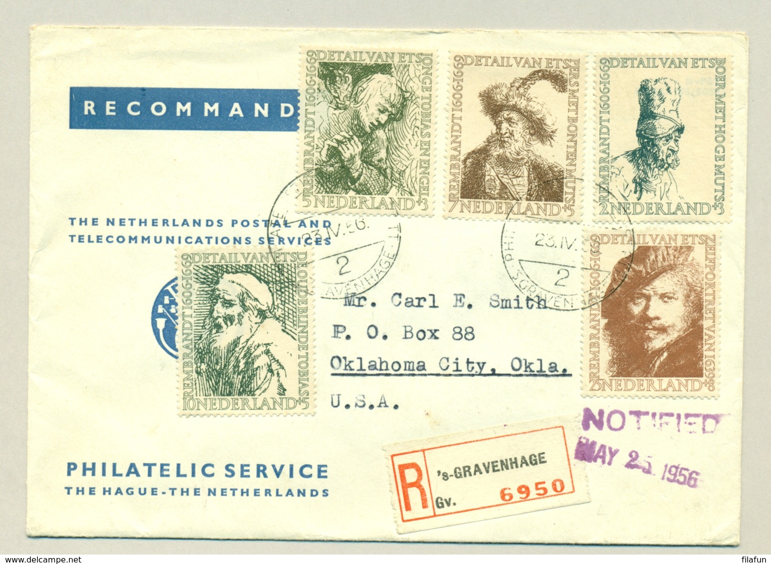 Nederland - 1956 - Complete Rembrandt Serie Op 1e Dag R-cover Van Den Haag Naar Oklahoma / USA - Lettres & Documents