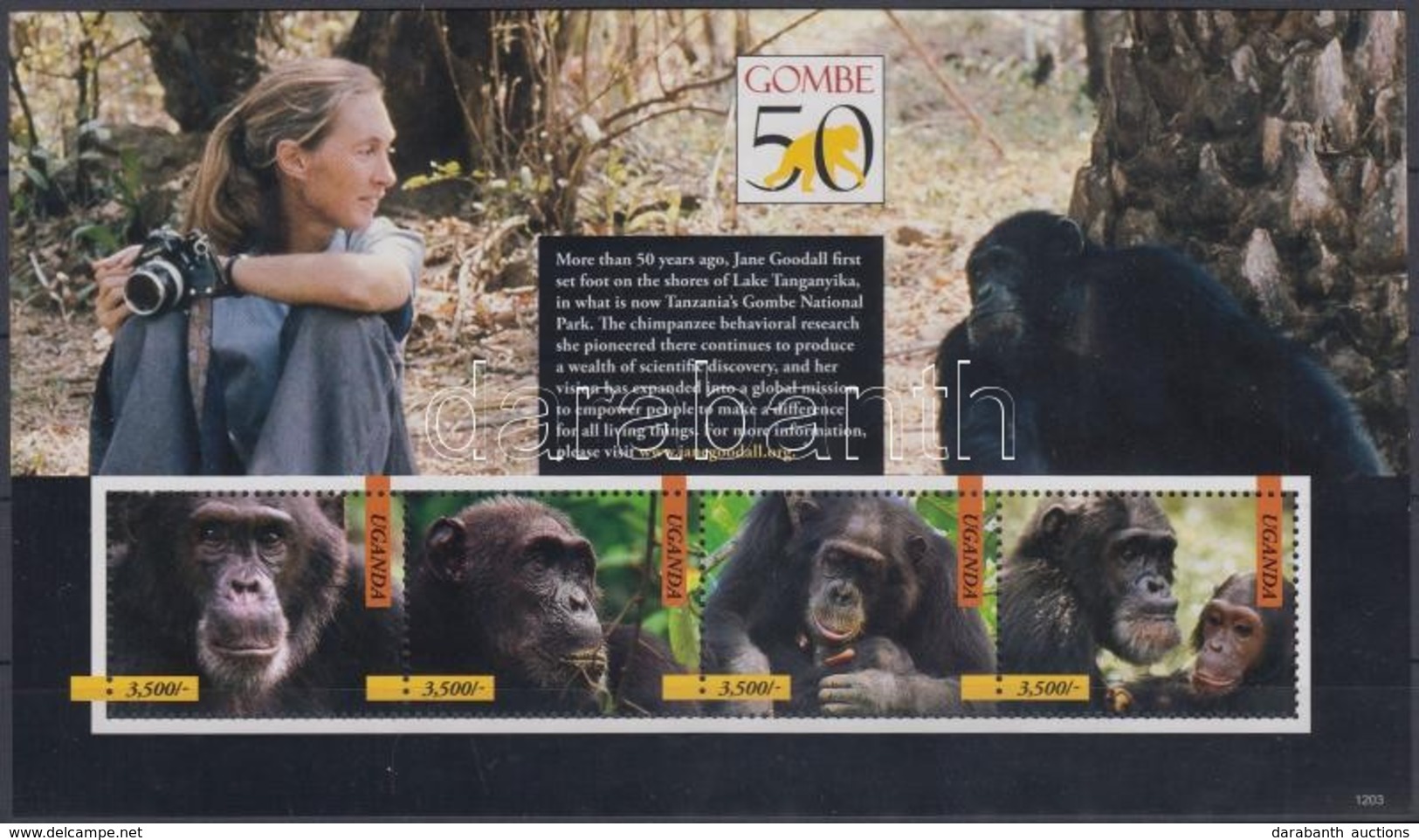 ** 2012 Gombe Nemzeti Park, Jane Goodall, Majmok 4 Bélyeget Tartalmazó Blokk - Autres & Non Classés