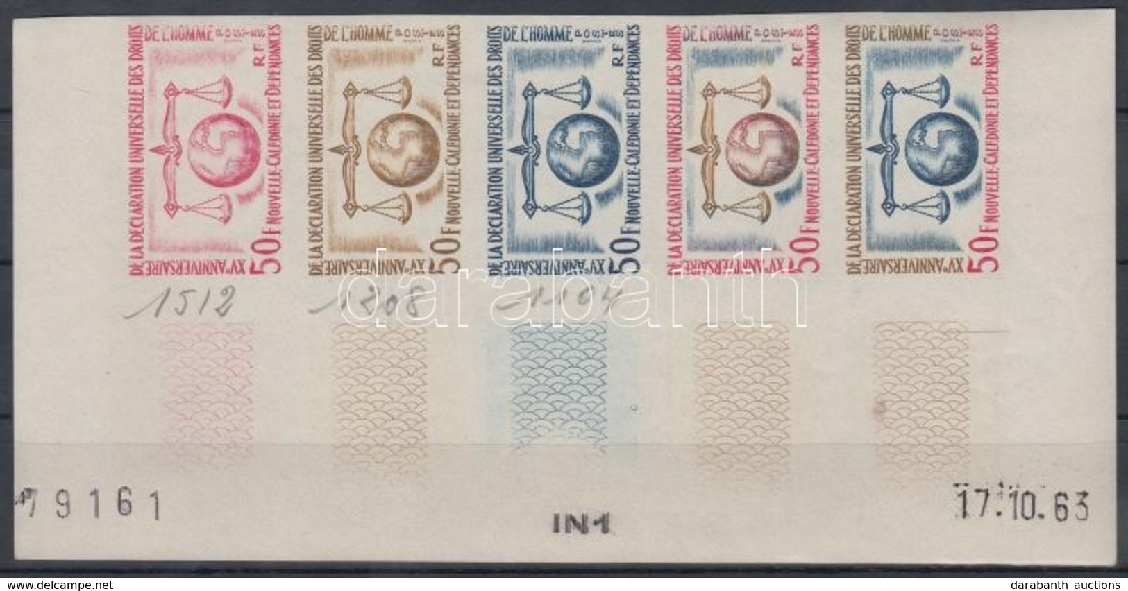 ** 1963 15 éves Az Emberi Jogok Nyilatkozata Mi 393 5 Klf Fogazatlan Színpróba ötöscsíkban / Stripe Of 5 Different Imper - Autres & Non Classés