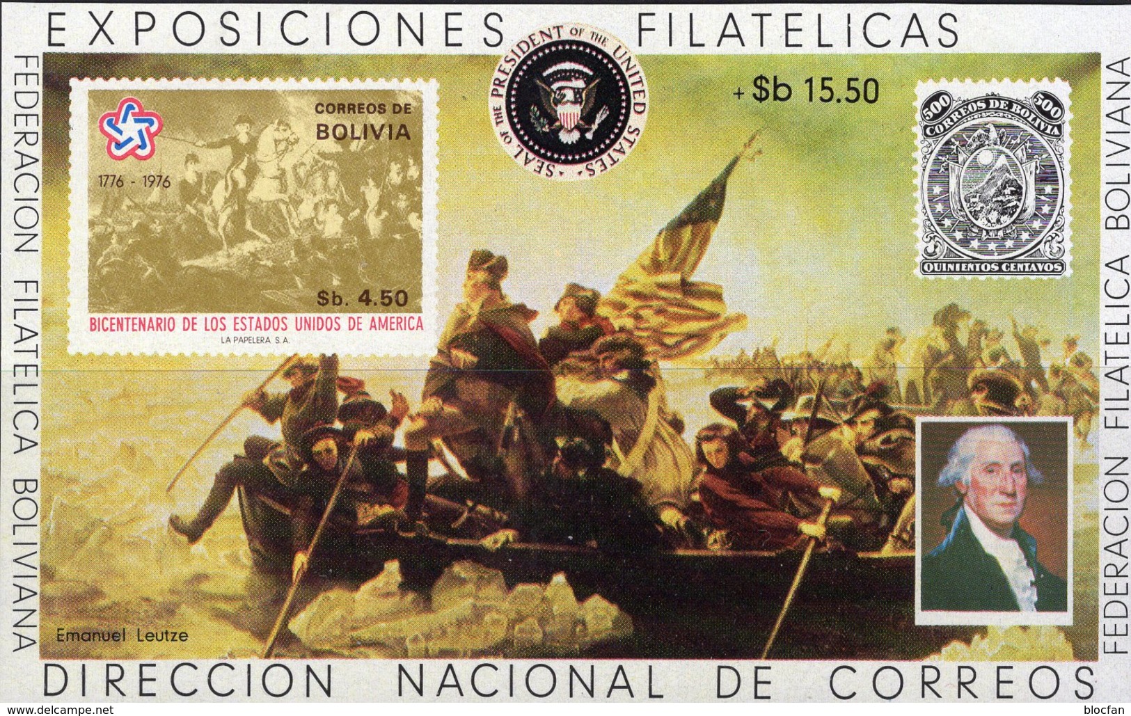 Washington 200Jahre USA 1976 Bolivien Block 69 ** 7€ Gemälde Überquerung Fluß Art Hb Painting Bloc Sheet Bf Bolivia - Bolivia