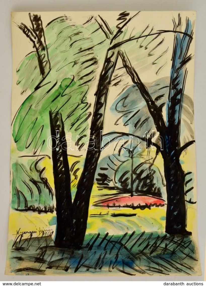 Nyergesi János (1923-1996): Park Részlet. Akvarell, Tus, Papír, Jelzett, 38x27 Cm - Autres & Non Classés