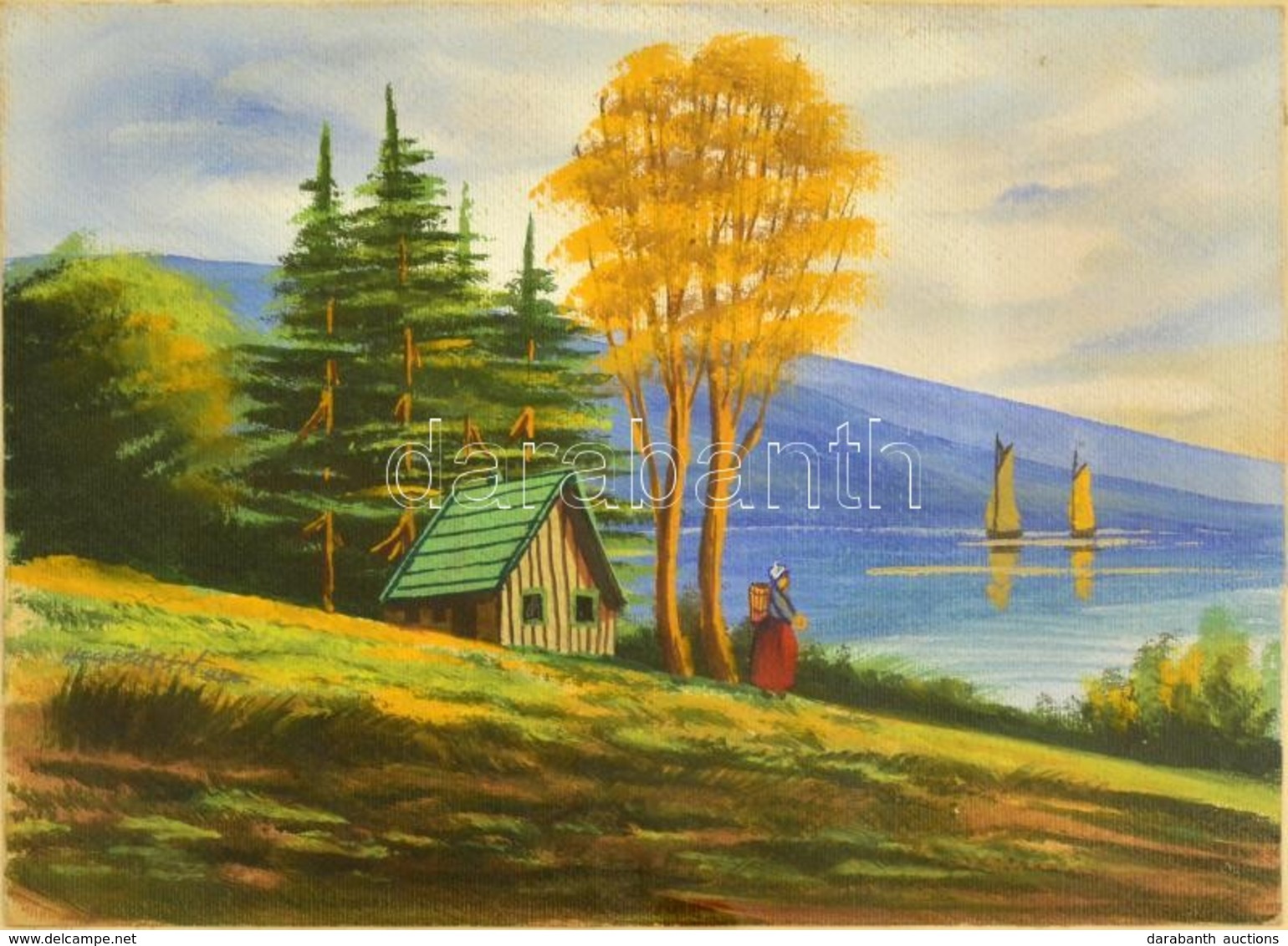 Olvashatatlan Jelzéssel: Házikó A Partnál. Gouache, Papír, üvegezett Keretben, 19×25 Cm - Altri & Non Classificati