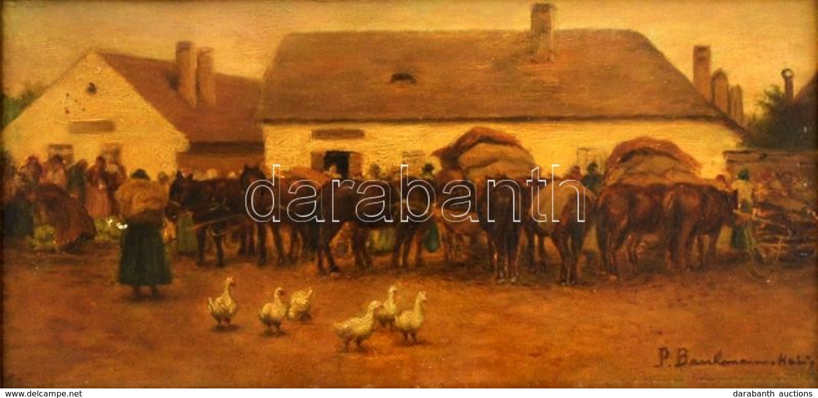 Cca 1900 Olvashatatlan Jelzéssel: Vásári Jelenet. Olaj, Falemez (sérült), Antik Keretben, 11×21 Cm - Altri & Non Classificati