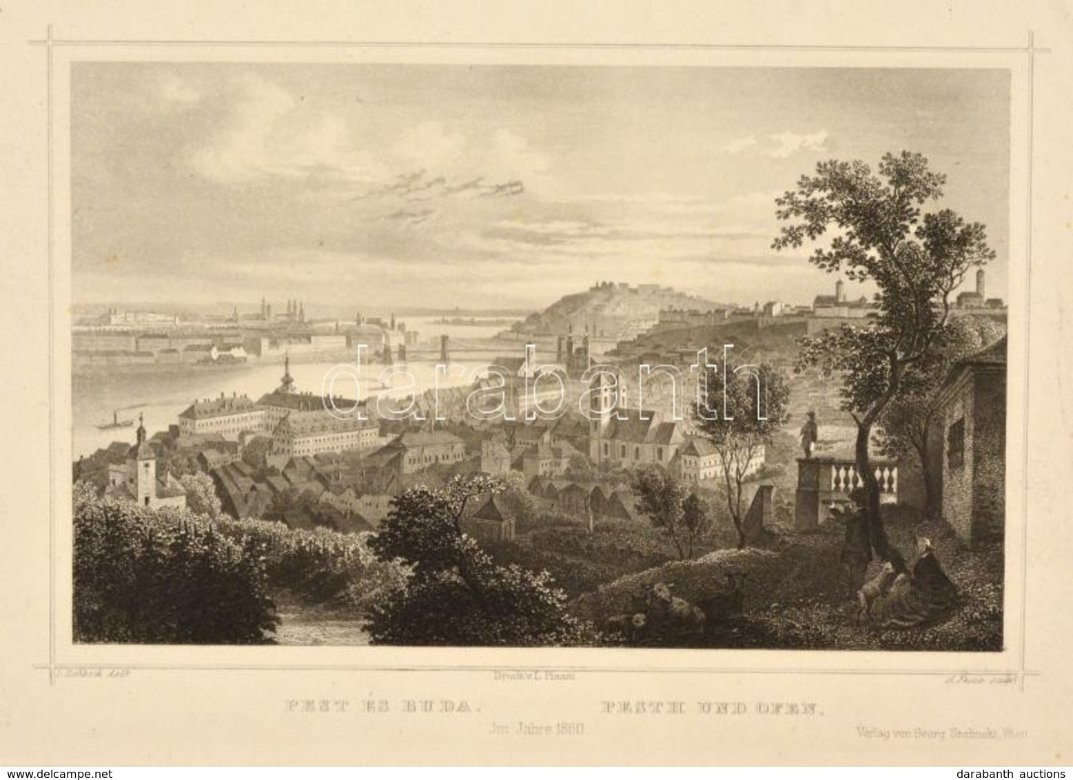 1860 Buda és Pest A Rózsadombról Ludwig Rohbock (1820-1883): Acélmetszet, Papír, / Engraving 18x13 Cm Lapméret 36x28 Cm - Estampes & Gravures