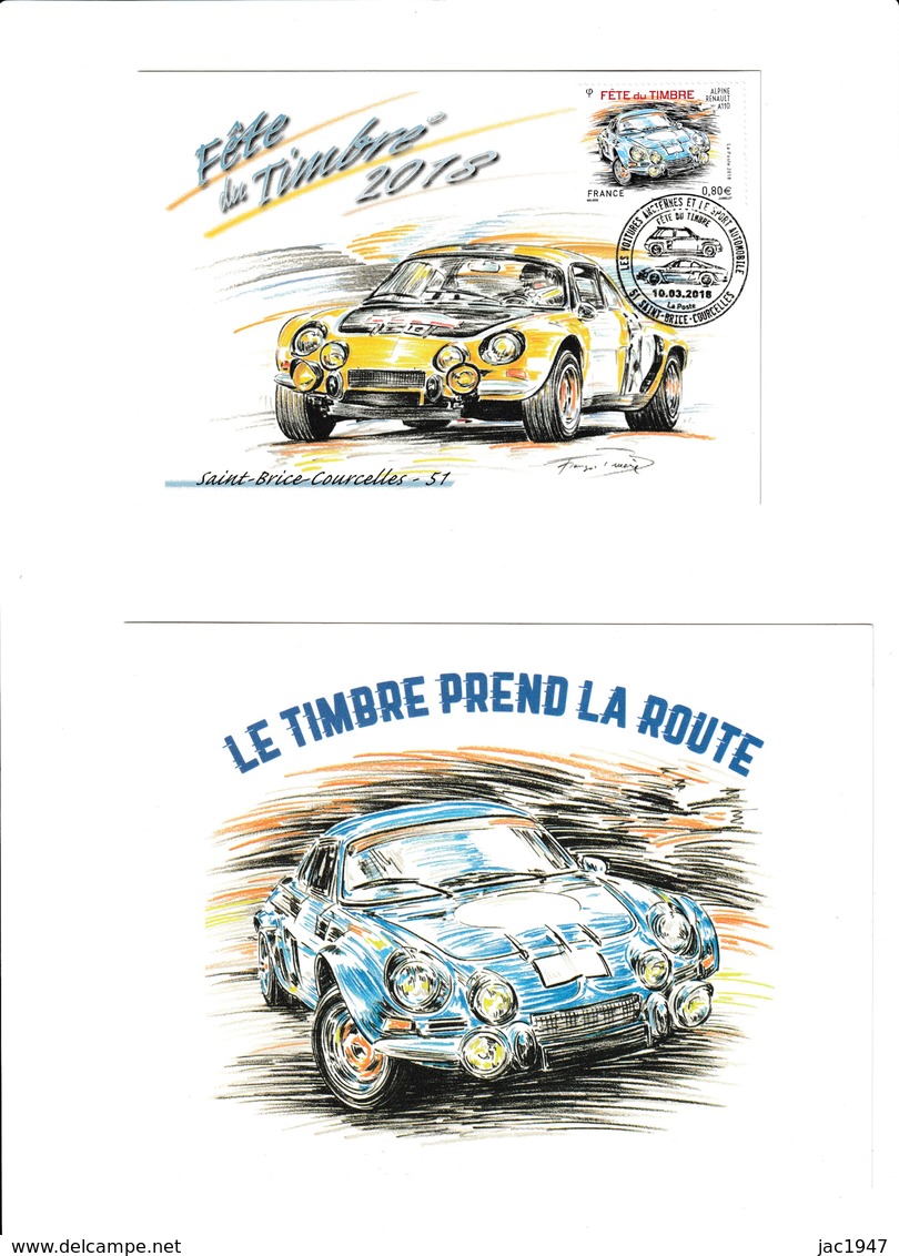 Carte Locale  Fête Du Timbre 2018 St Brice Courcelles Alpine Renault Illustration Bruère + Entier Postal Offert En Plus - Other & Unclassified