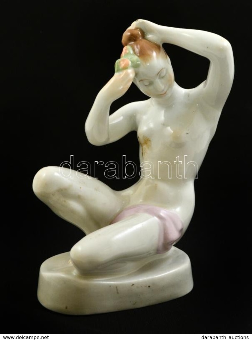 Aquincumi Porcelán Akt, Kézzel Festett, Jelzett, Hibátlan, 16,5 Cm - Autres & Non Classés