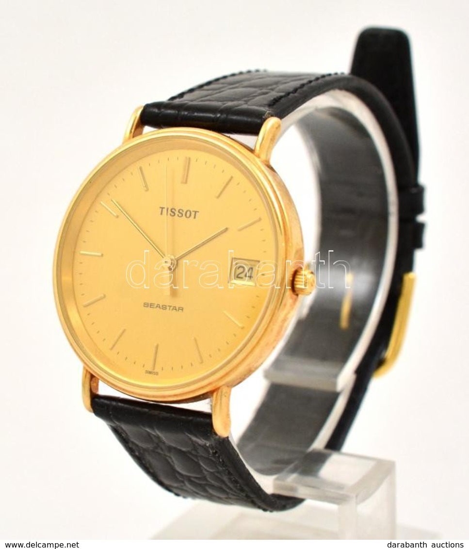 1982 Tissot Seastar Svájci Quartz Férfi Kvarz Karóra, 14 K Arany (Au) óra Tokkal, Másodperc Mutatóval, Naptárral, Bőr Sz - Autres & Non Classés