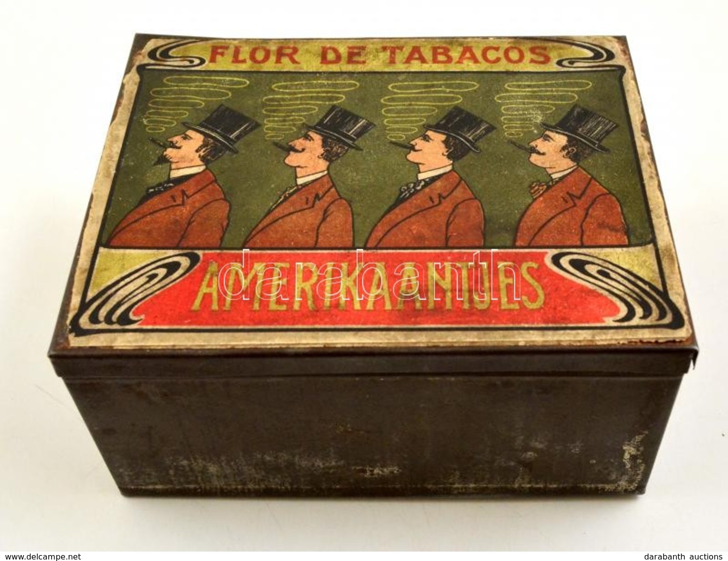 Amerikaantjes Flor De Tabacos Fém Szivaros Doboz, Szecessziós Grafikával, 15×12×7 Cm - Altri & Non Classificati