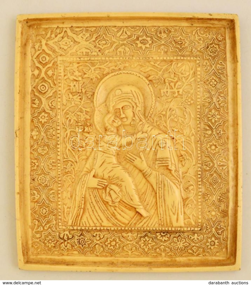 Szűz Mária A Kis Jézussal, Csontőrlemény Ikon, Kis Kopásokkal, 13,5×12 Cm - Altri & Non Classificati