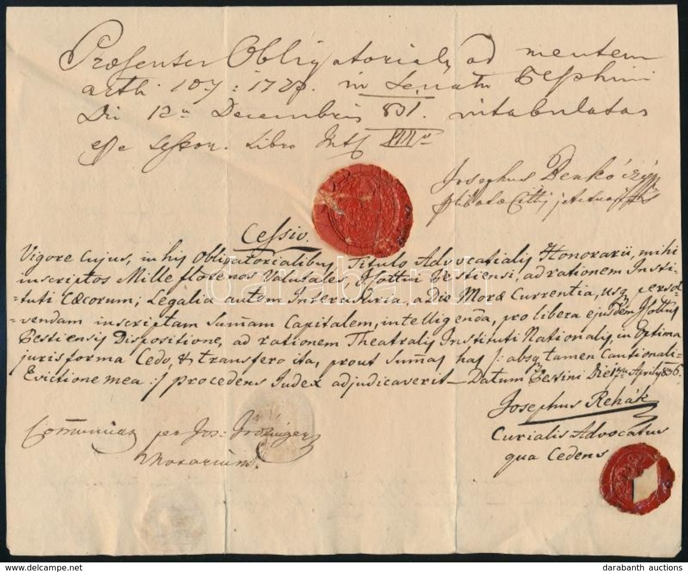 1831 Kötelezvény, Rajta Rehák József ügyvéd Aláírásával, Viaszpecsétekkel - Non Classificati