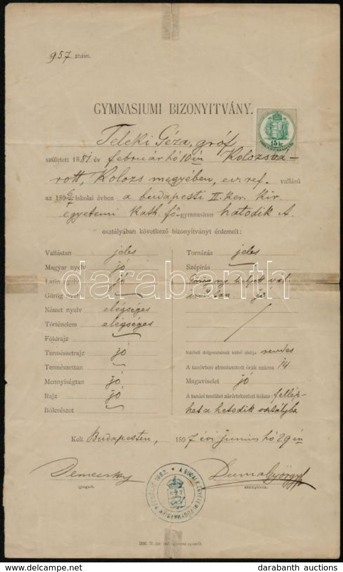 1872 Gróf Teleki Géza Gimnáziumi Bizonyítvány - Non Classés