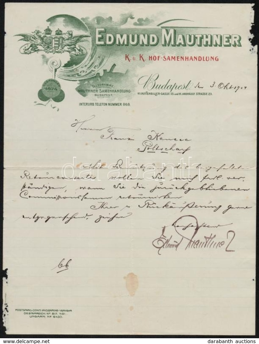 1904 Bp., Edmund Mauthner Vetőmagkereskedésének Fejléces Levele, Kézzel írt Német Nyelvű üzleti Levele, A Széleken Kis H - Non Classés