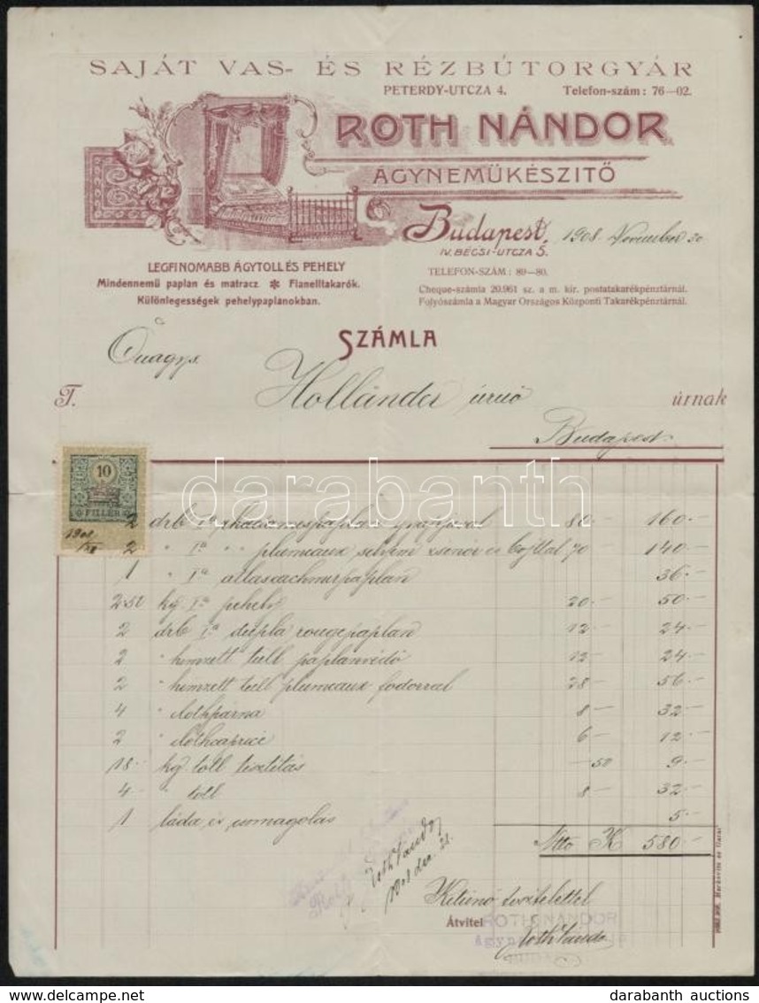 1908 Bp., Roth Nándor ágyneműkészítő Fejléces Számlája, 10 F. Okmánybélyeggel - Zonder Classificatie