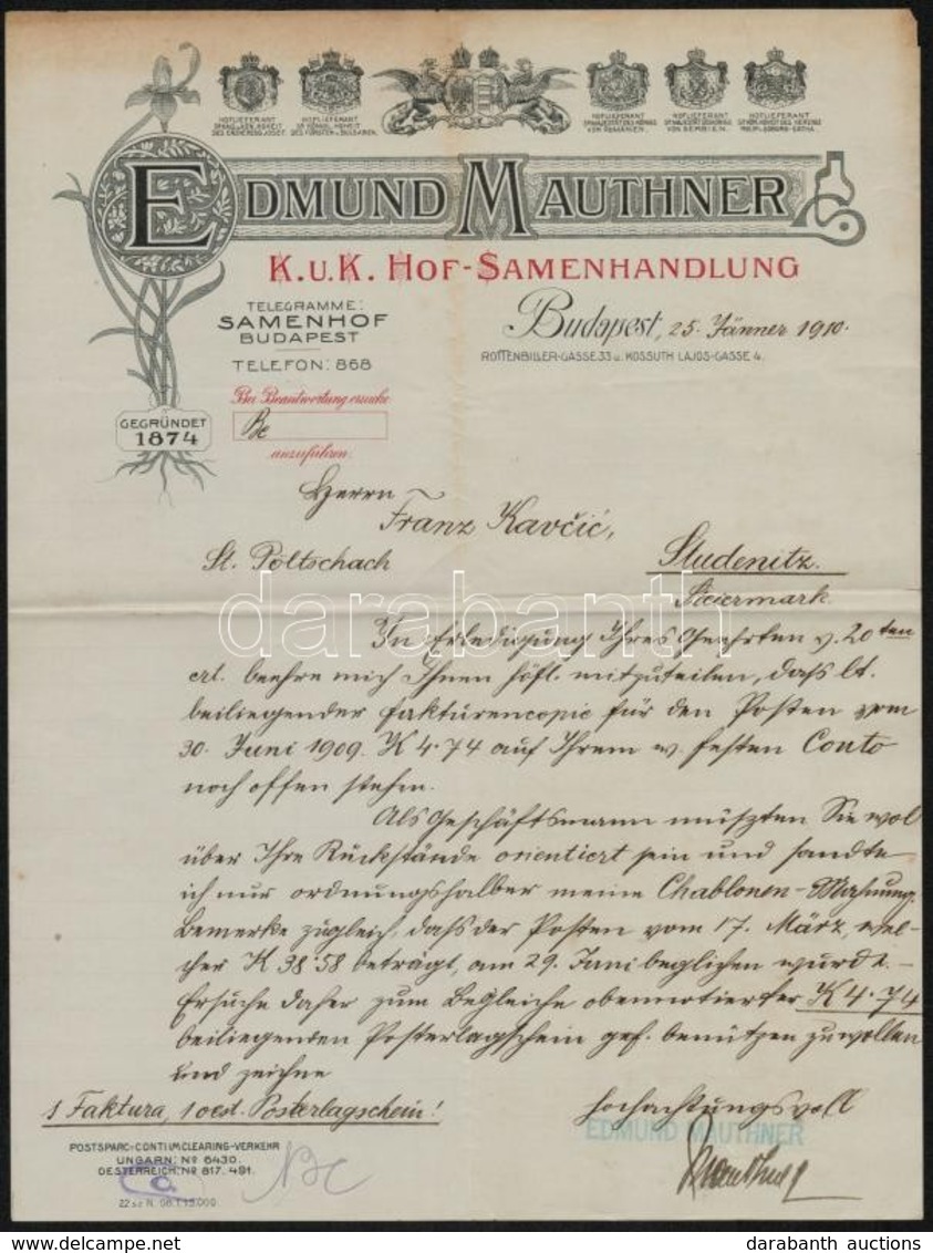 1910 Bp., Edmund Mauthner Vetőmagkereskedésének Fejléces Levele, Kézzel írt Német Nyelvű üzleti Levéllel - Unclassified