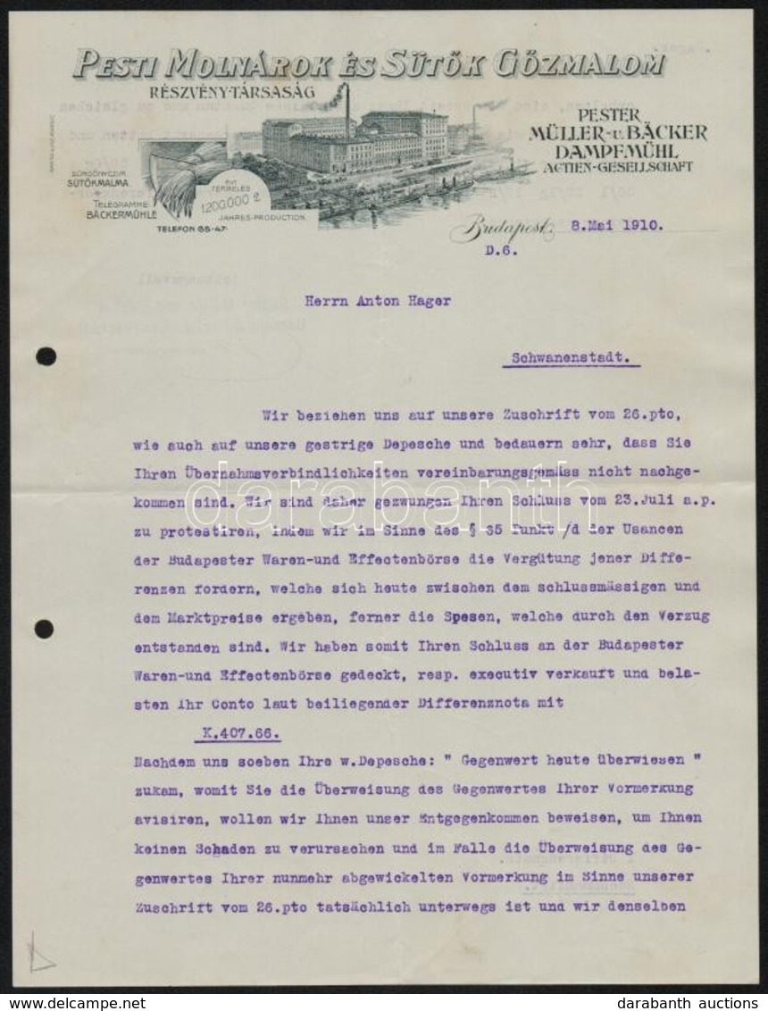 1910 Bp., Pesti Molnárok és Sütők Gőzmalom Rt. Fejléces Levele, Gépelt, Német Nyelvű üzleti Levéllel - Non Classés