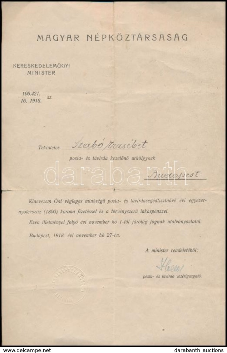 1918 Posta-, és Távirdasegédtisztnői Kienvezés, Magyar Népköztársaság, Kereskedelemügyi Miniszter Szárazbélyegzőjével, A - Non Classés