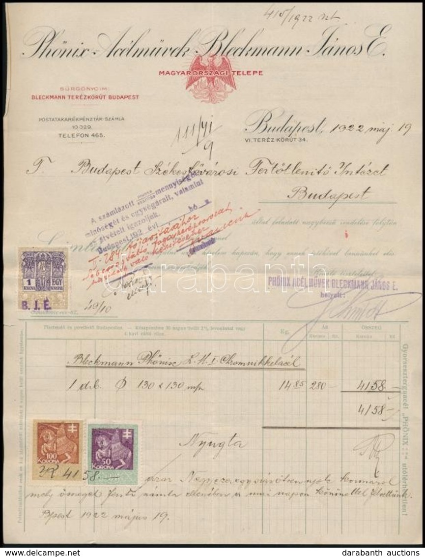 1922 Bp., Phőnix Acélművek Bleckmann János E. Magyarországi Telepének Fejléces Papírja, 1 Db 1 Kr,1 Db 100 Kr, 1 Db 50 K - Non Classés